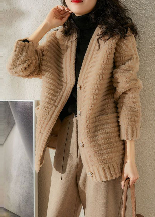 Drune | Beige V-Ausschnitt Taschen Patchwork Wolljacken Winter