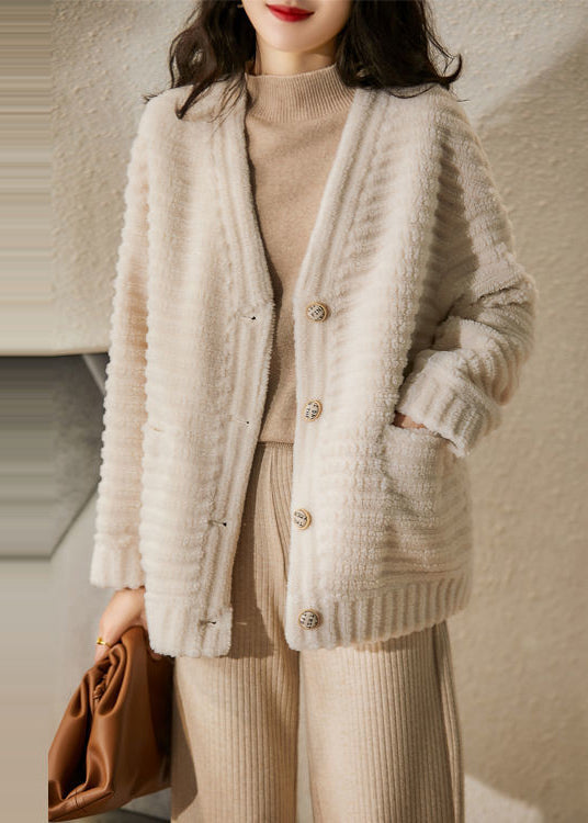 Drune | Beige V-Ausschnitt Taschen Patchwork Wolljacken Winter