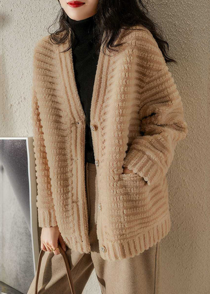 Drune | Beige V-Ausschnitt Taschen Patchwork Wolljacken Winter