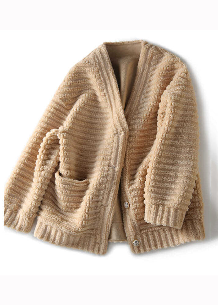 Drune | Beige V-Ausschnitt Taschen Patchwork Wolljacken Winter