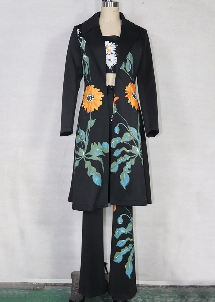 Drune | Schwarze Blumendruck Chiffon Cinch Trenchcoats und Hosen Drei-Teile-Set