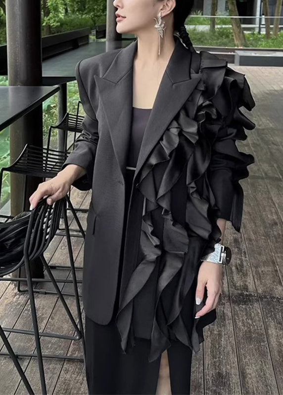 Drune | Schwarze Notched Asymmetrische Blumenmantel Lange Ärmel