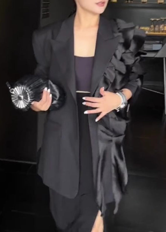 Drune | Schwarze Notched Asymmetrische Blumenmantel Lange Ärmel
