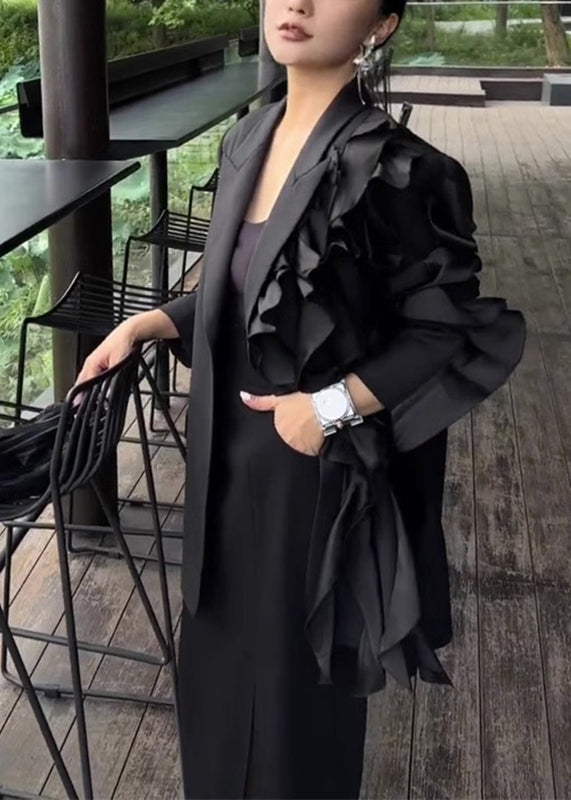 Drune | Schwarze Notched Asymmetrische Blumenmantel Lange Ärmel