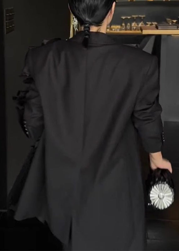 Drune | Schwarze Notched Asymmetrische Blumenmantel Lange Ärmel