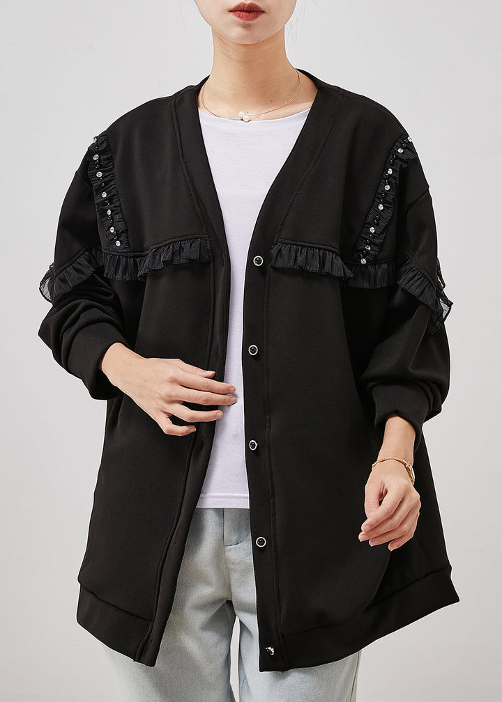Drune | Schwarze Rüschentaschen Patchwork Baumwollmäntel
