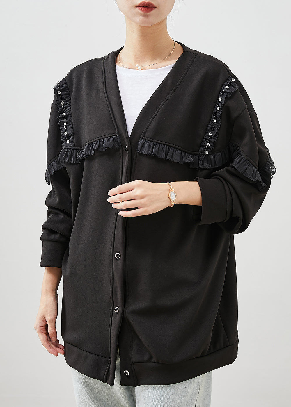 Drune | Schwarze Rüschentaschen Patchwork Baumwollmäntel