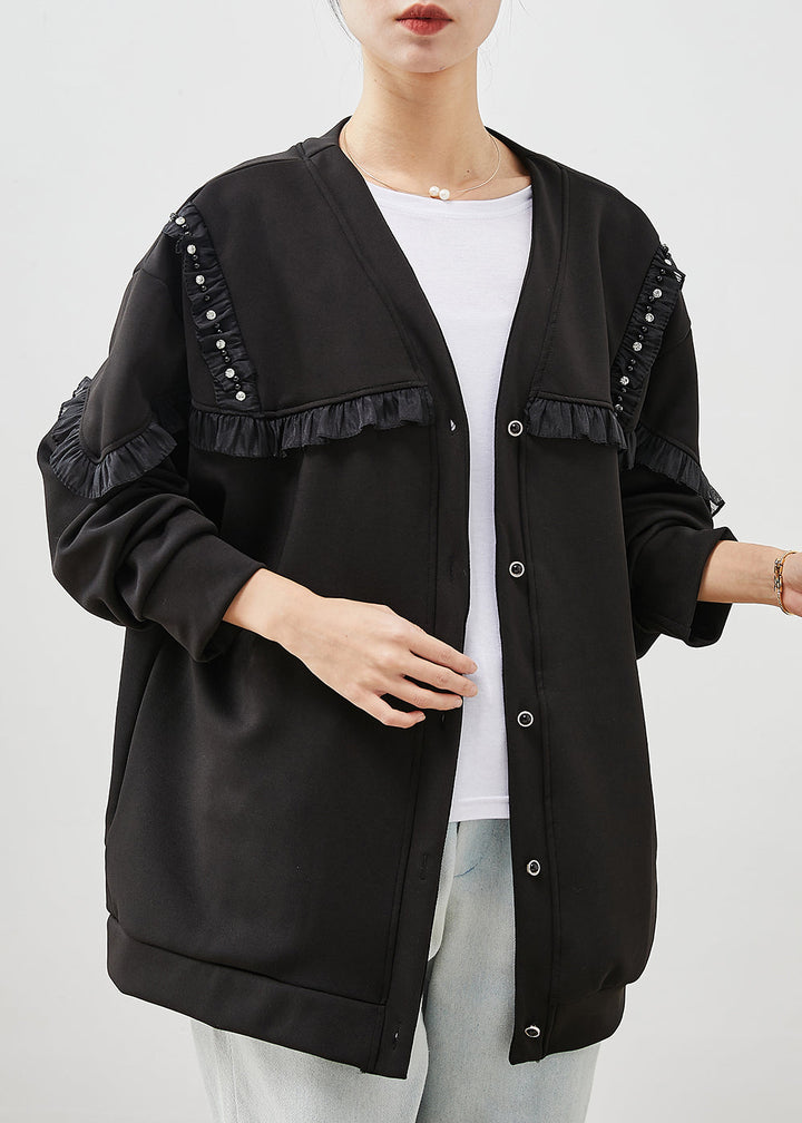Drune | Schwarze Rüschentaschen Patchwork Baumwollmäntel