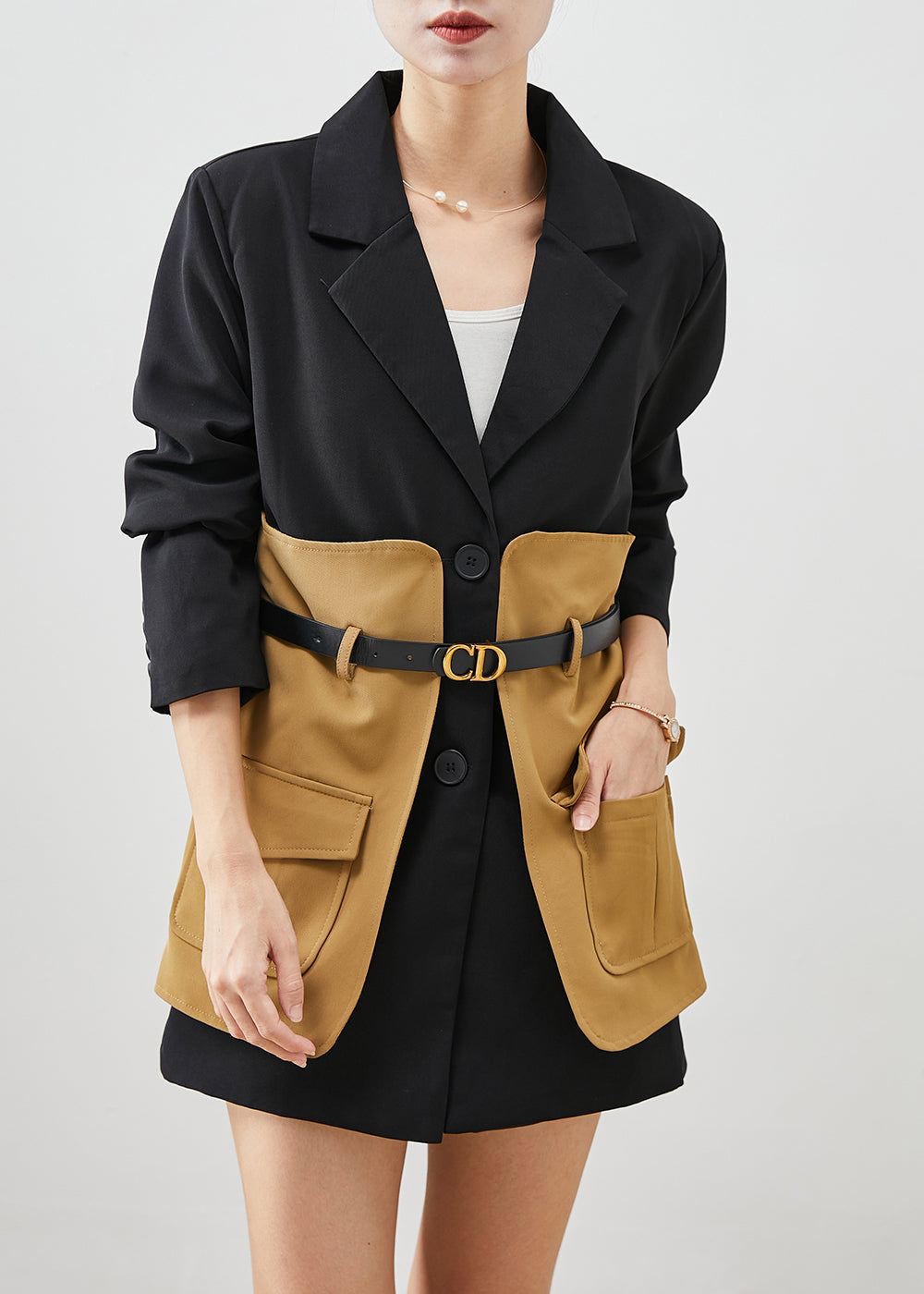Drune | Schwarze Slim Fit Patchwork Baumwollgefüllte Mäntel