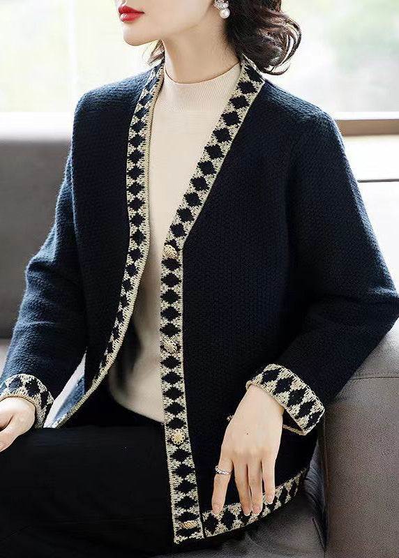 Drune | Schwarze V-Ausschnitt Knopf Patchwork Strickmäntel