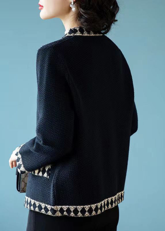 Drune | Schwarze V-Ausschnitt Knopf Patchwork Strickmäntel