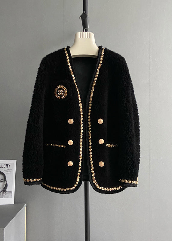Drune | Schwarzer V-Ausschnitt Taschen Patchwork Wollmäntel Winter