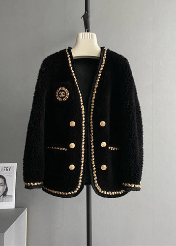 Drune | Schwarzer V-Ausschnitt Taschen Patchwork Wollmäntel Winter