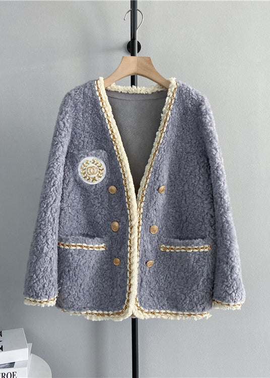 Drune | Schwarzer V-Ausschnitt Taschen Patchwork Wollmäntel Winter