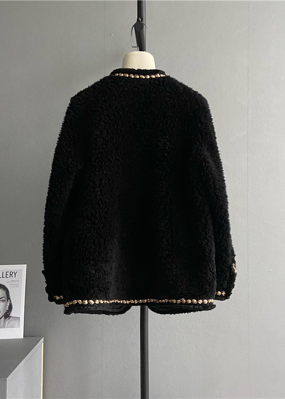 Drune | Schwarzer V-Ausschnitt Taschen Patchwork Wollmäntel Winter