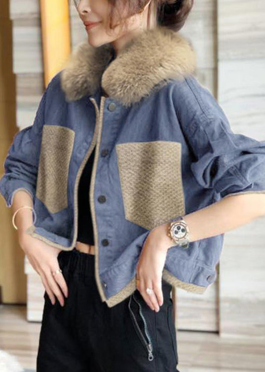 Drune | Blaue Fellkragen Knopf Patchwork Baumwolle Mäntel Winter