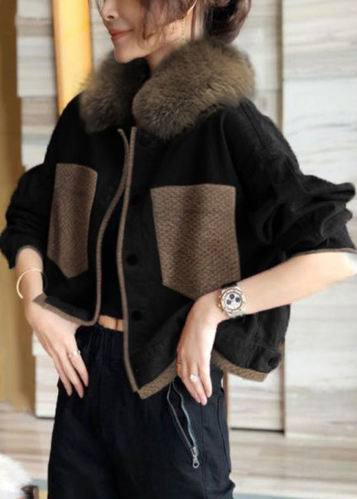 Drune | Blaue Fellkragen Knopf Patchwork Baumwolle Mäntel Winter