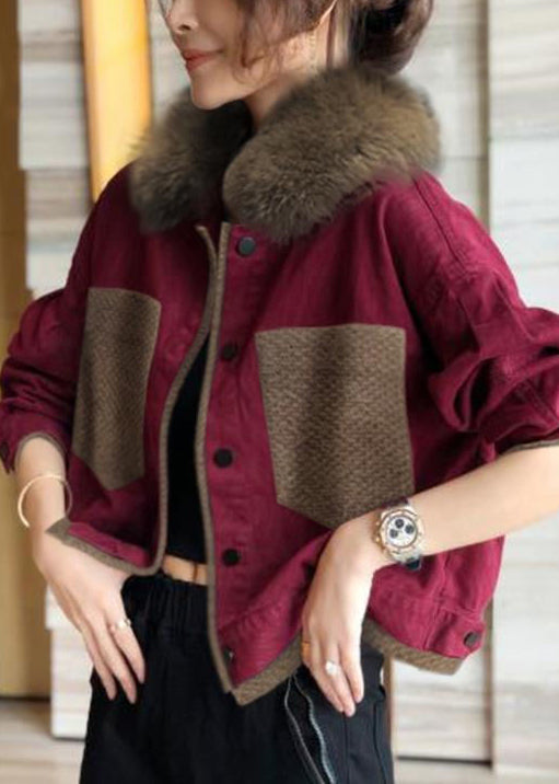 Drune | Blaue Fellkragen Knopf Patchwork Baumwolle Mäntel Winter