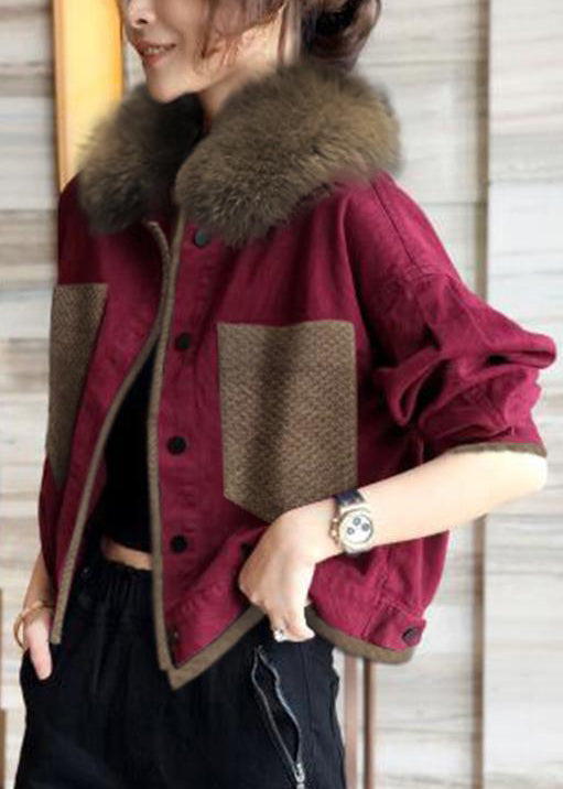 Drune | Blaue Fellkragen Knopf Patchwork Baumwolle Mäntel Winter