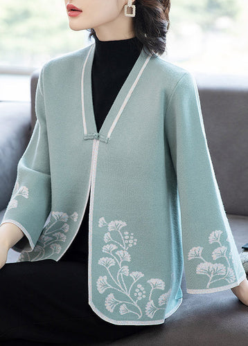 Drune | Blaue V-Ausschnitt Knopf Druck Patchwork Strickmäntel