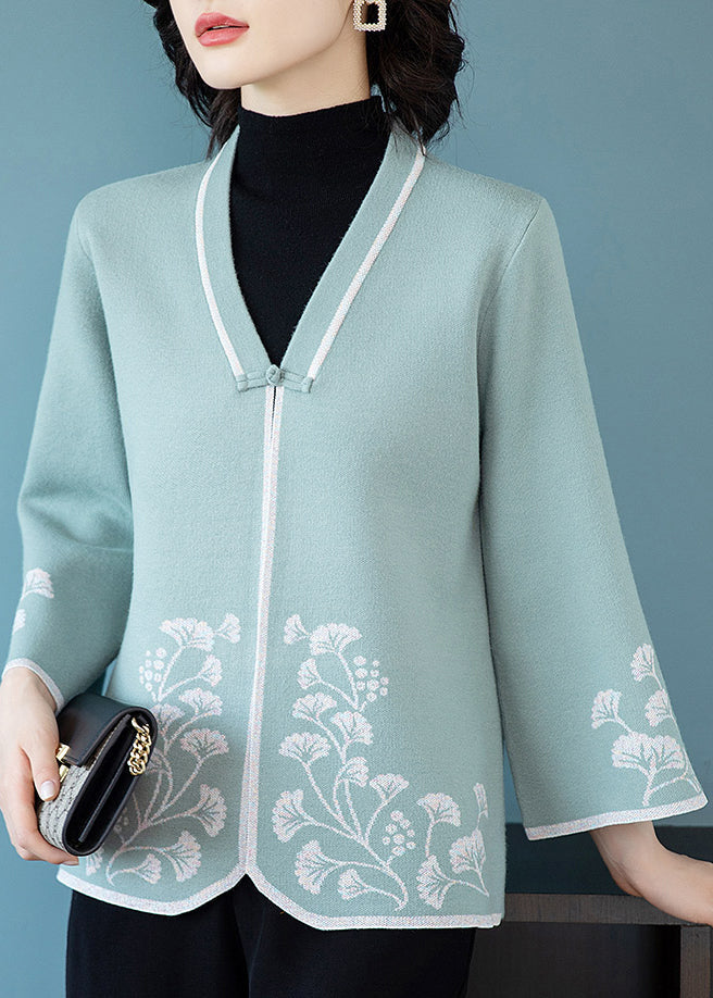 Drune | Blaue V-Ausschnitt Knopf Druck Patchwork Strickmäntel