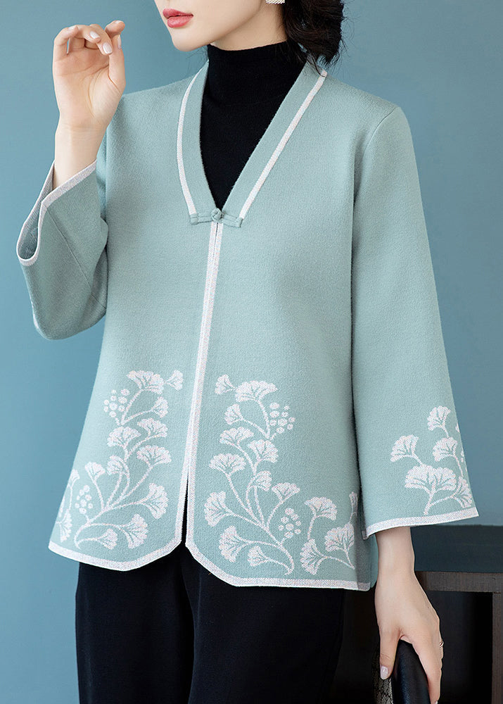 Drune | Blaue V-Ausschnitt Knopf Druck Patchwork Strickmäntel