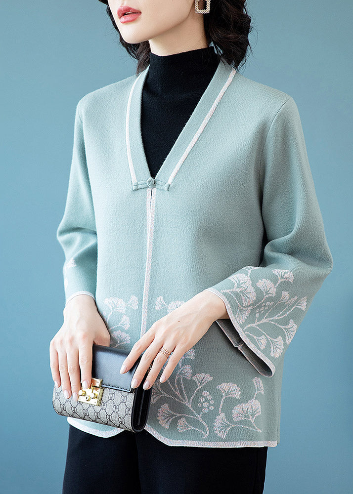 Drune | Blaue V-Ausschnitt Knopf Druck Patchwork Strickmäntel