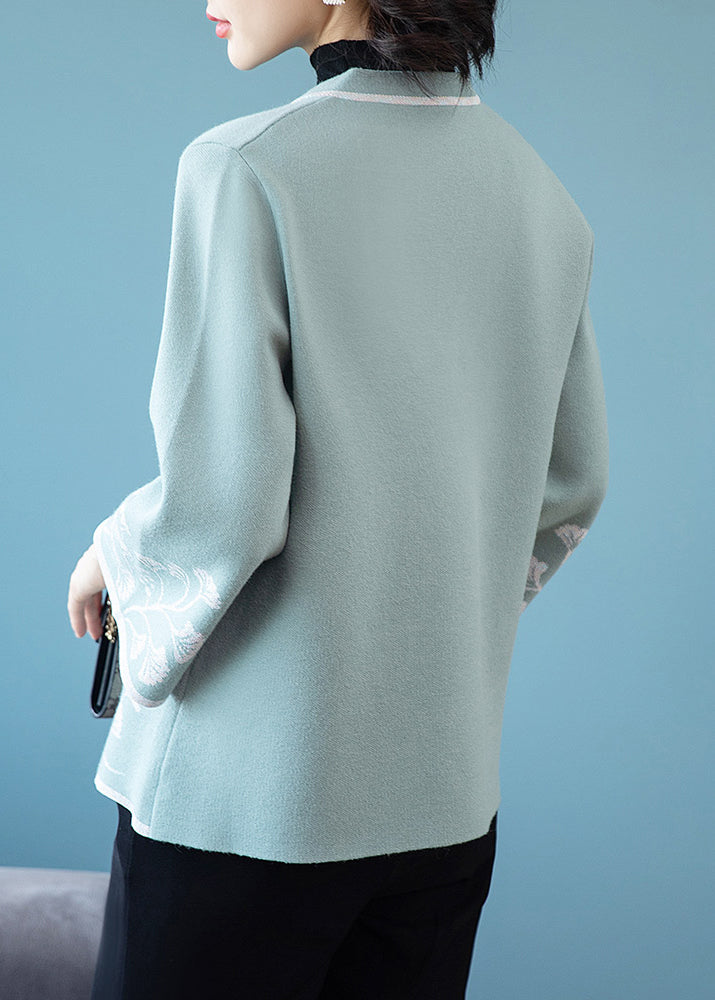 Drune | Blaue V-Ausschnitt Knopf Druck Patchwork Strickmäntel