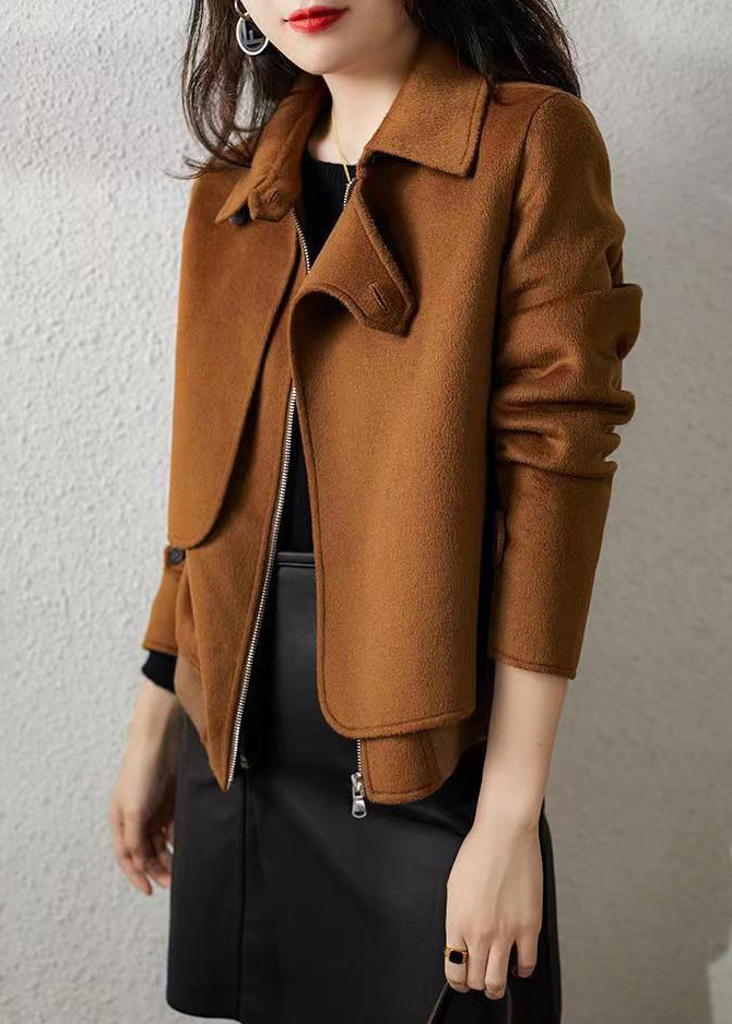 Drune | Brauner Reißverschluss Button Patchwork Wollmäntel