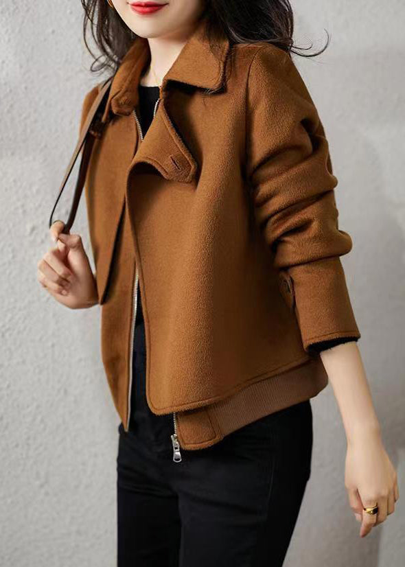 Drune | Brauner Reißverschluss Button Patchwork Wollmäntel