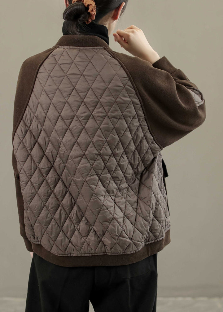 Drune | Kaffee O-Hals Patchwork Knopf Dicke Mäntel Lange Ärmel