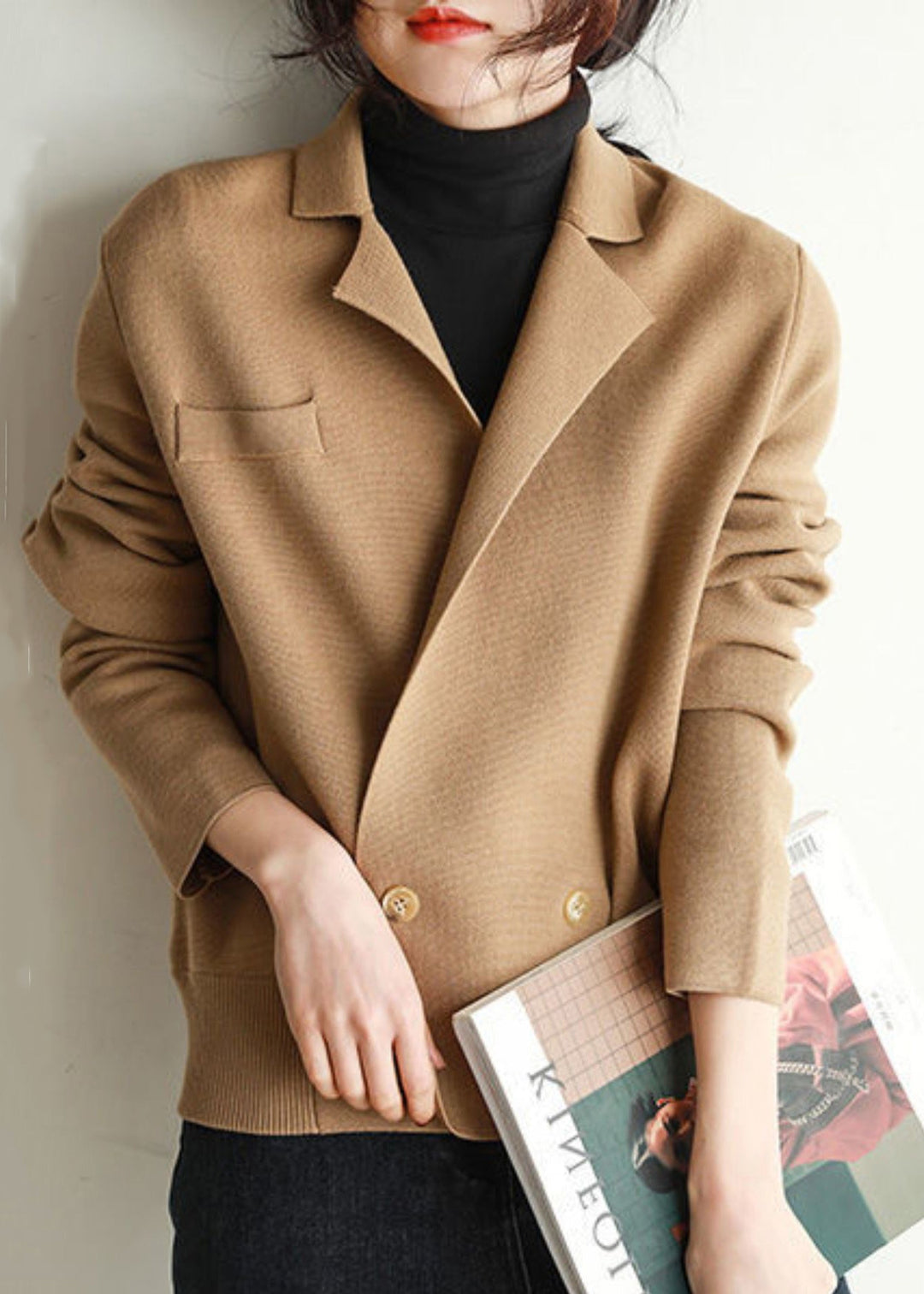 Drune | Khaki Peter Pan Kragen Knopf Patchwork Strickmäntel