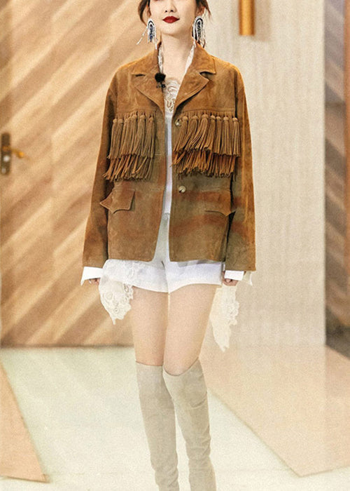 Drune | Khaki Quastenknopf Patchwork Kunstwildleder Mäntel