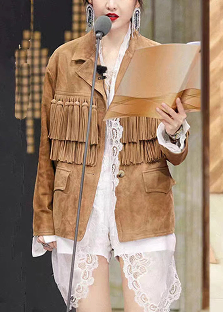 Drune | Khaki Quastenknopf Patchwork Kunstwildleder Mäntel