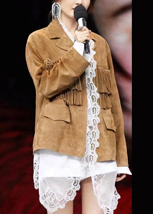 Drune | Khaki Quastenknopf Patchwork Kunstwildleder Mäntel