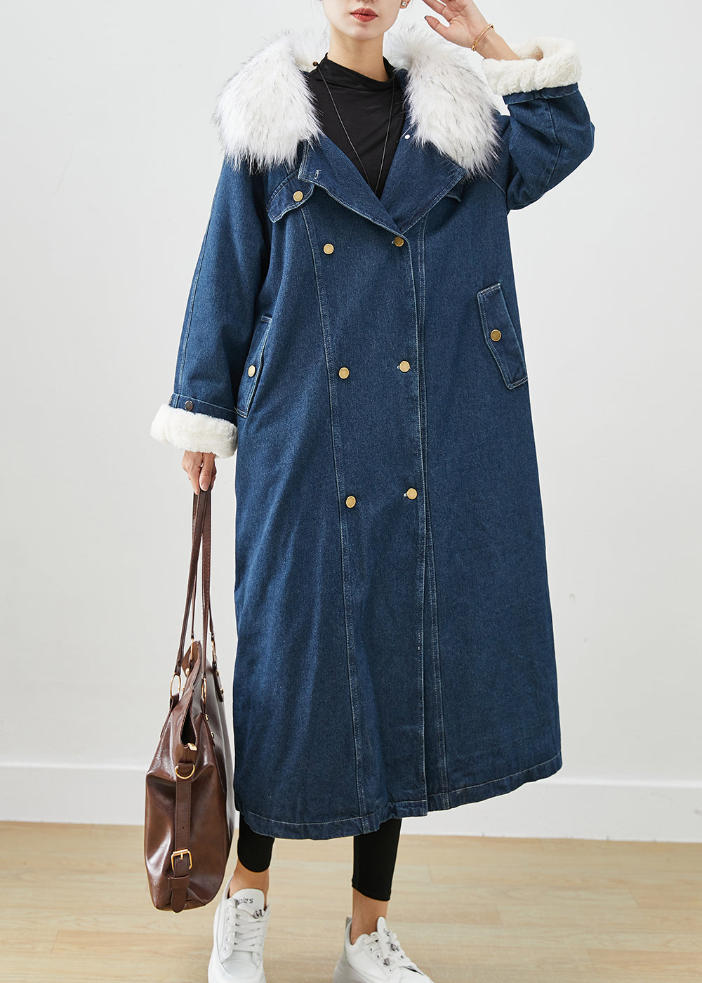 Drune | Marineblauer Pelzkragen Dick Warmer Fleece Denim Mäntel
