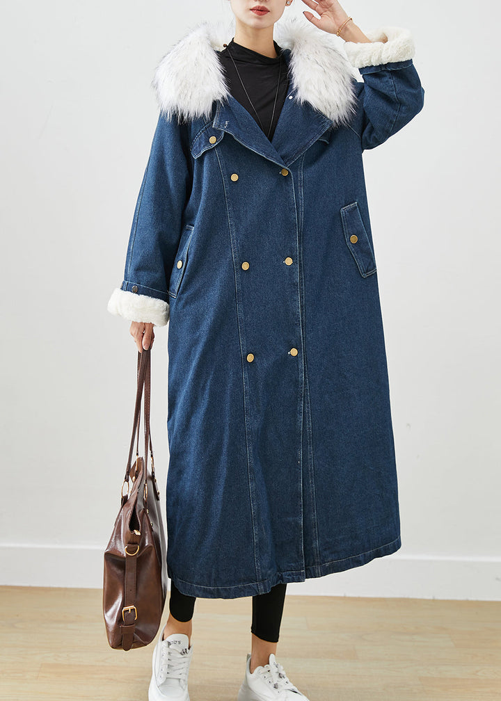 Drune | Marineblauer Pelzkragen Dick Warmer Fleece Denim Mäntel