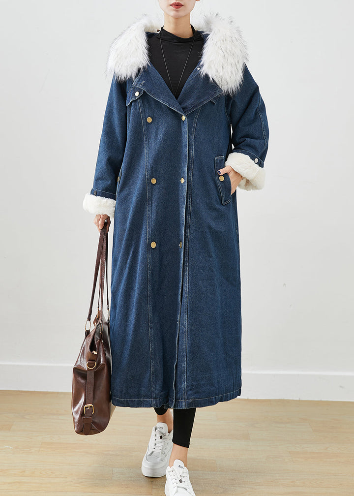 Drune | Marineblauer Pelzkragen Dick Warmer Fleece Denim Mäntel