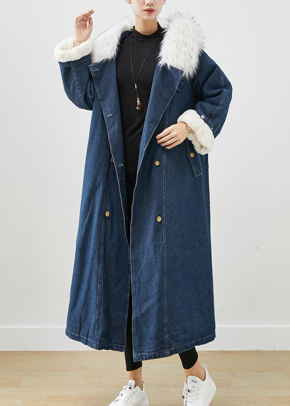 Drune | Marineblauer Pelzkragen Dick Warmer Fleece Denim Mäntel