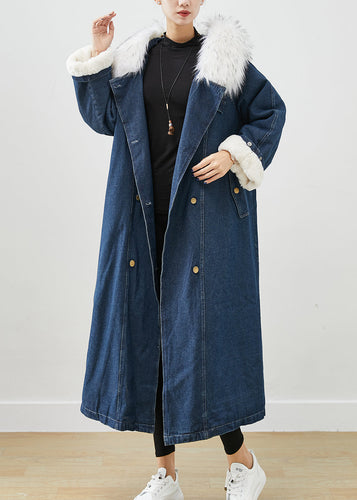 Drune | Marineblauer Pelzkragen Dick Warmer Fleece Denim Mäntel