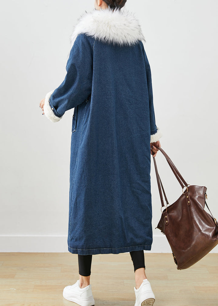 Drune | Marineblauer Pelzkragen Dick Warmer Fleece Denim Mäntel