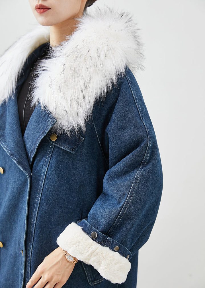 Drune | Marineblauer Pelzkragen Dick Warmer Fleece Denim Mäntel