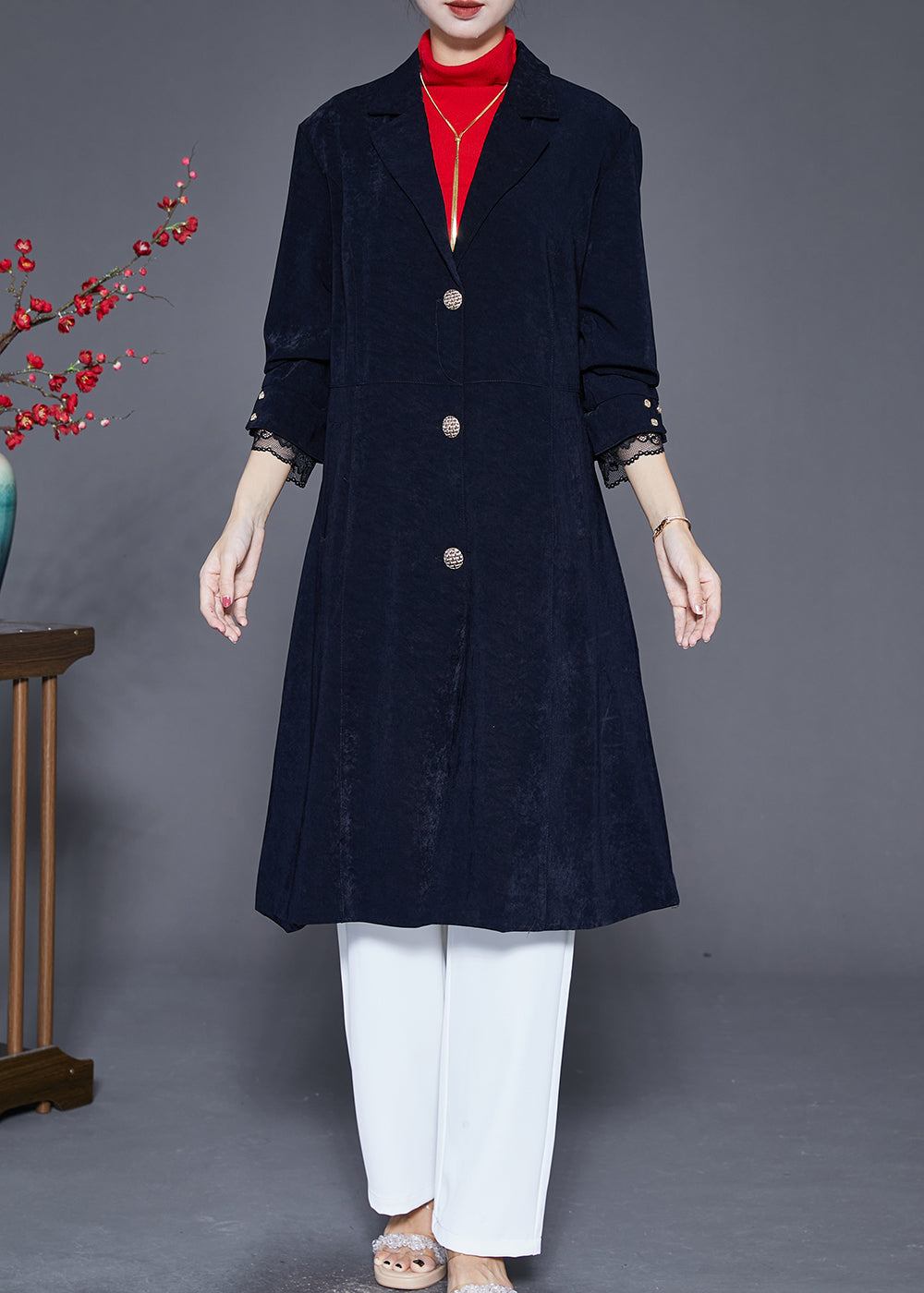 Drune | Marineblaues Revers Einreiher Slim Fit Trenchcoats