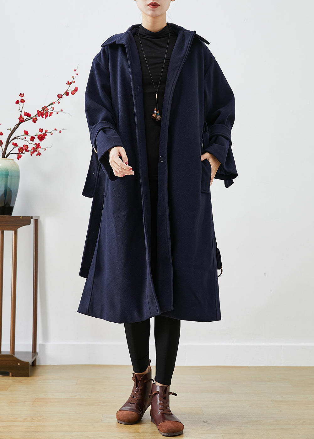 Drune | Navy Slim Fit Dicke Wolltrenchcoats Winter