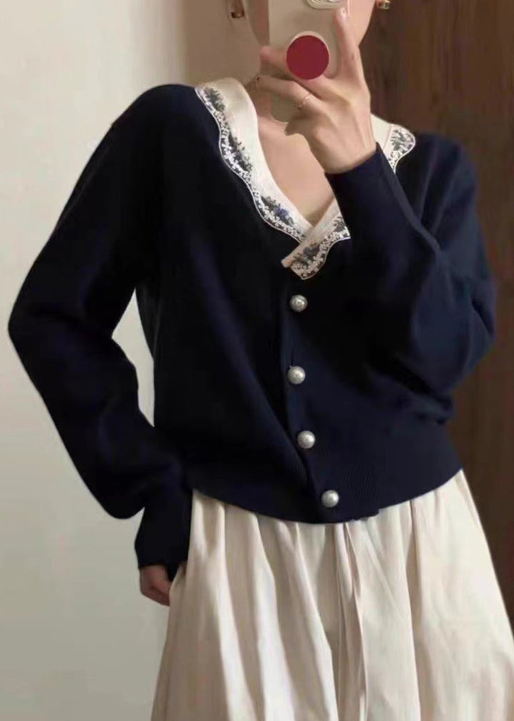 Drune | Marineblaues V-Ausschnitt Knopf Patchwork Strickmäntel Langarm