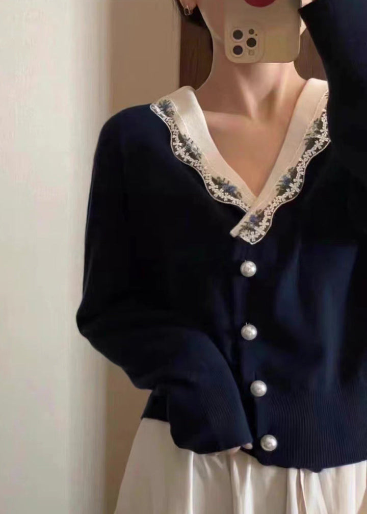 Drune | Marineblaues V-Ausschnitt Knopf Patchwork Strickmäntel Langarm