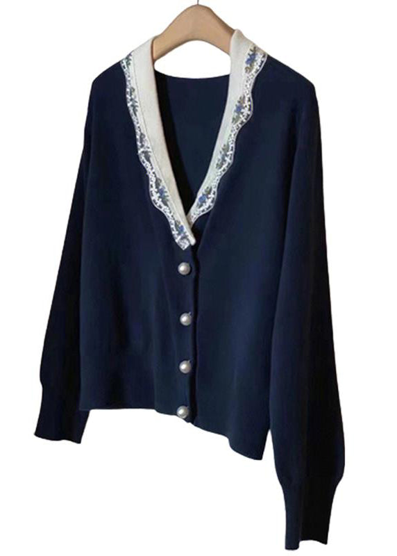 Drune | Marineblaues V-Ausschnitt Knopf Patchwork Strickmäntel Langarm
