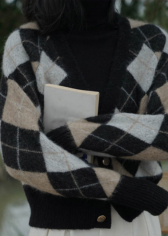 Drune | Karierter V-Ausschnitt Knopf Strickmäntel Langarm