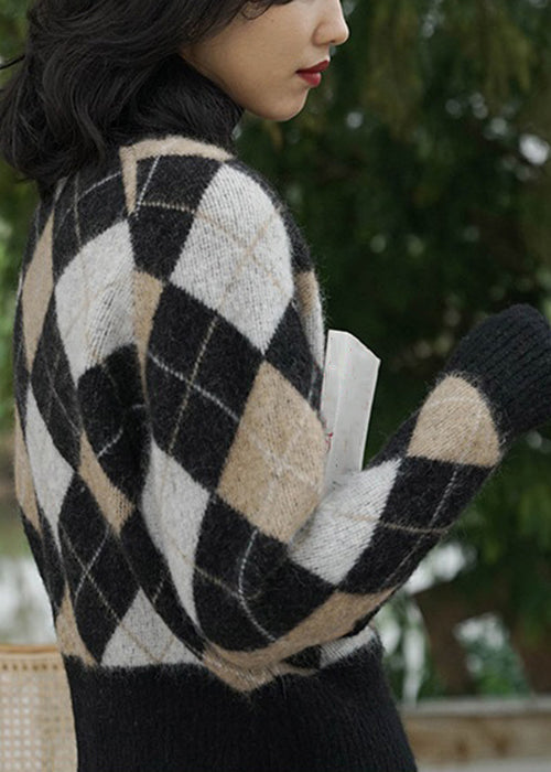 Drune | Karierter V-Ausschnitt Knopf Strickmäntel Langarm