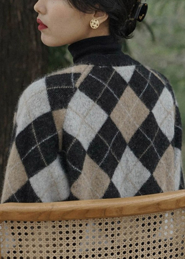 Drune | Karierter V-Ausschnitt Knopf Strickmäntel Langarm
